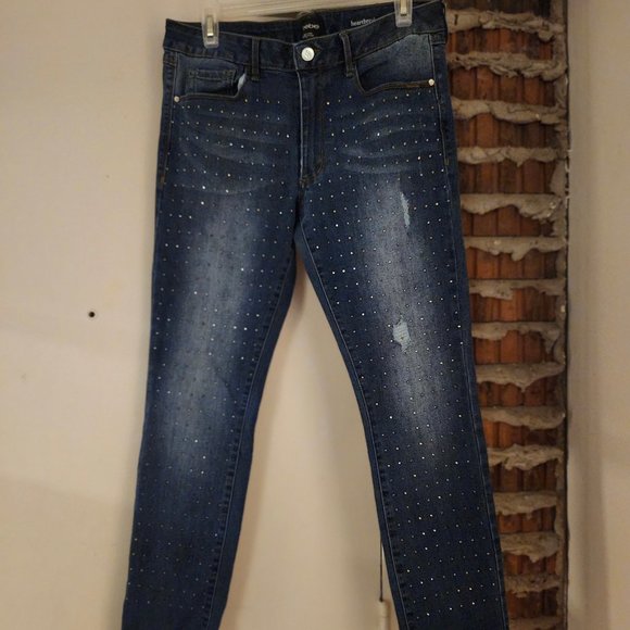 BEBE Distressed Heartbreaker Skinny Jeans With Rhinestones Studs Size 31 - Picture 1 of 7